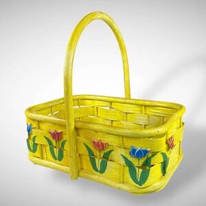 Tulip Decor Splint Wood Basket Yellow Folk Art Farmhouse Vintage Easter Spring